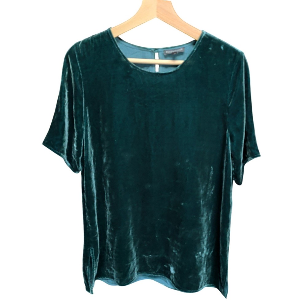 Eileen Fisher Silk Blend Velvet Short Sleeve Top Dark Green S Small Velour